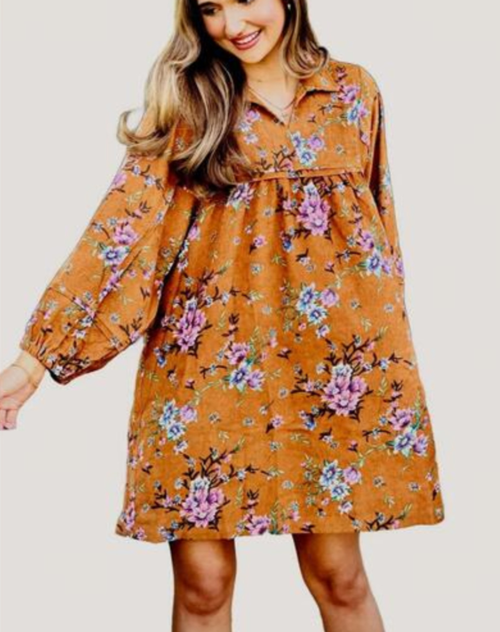 Umgee brown corduroy floral babydoll shirt dress Size S Western Boho Retro